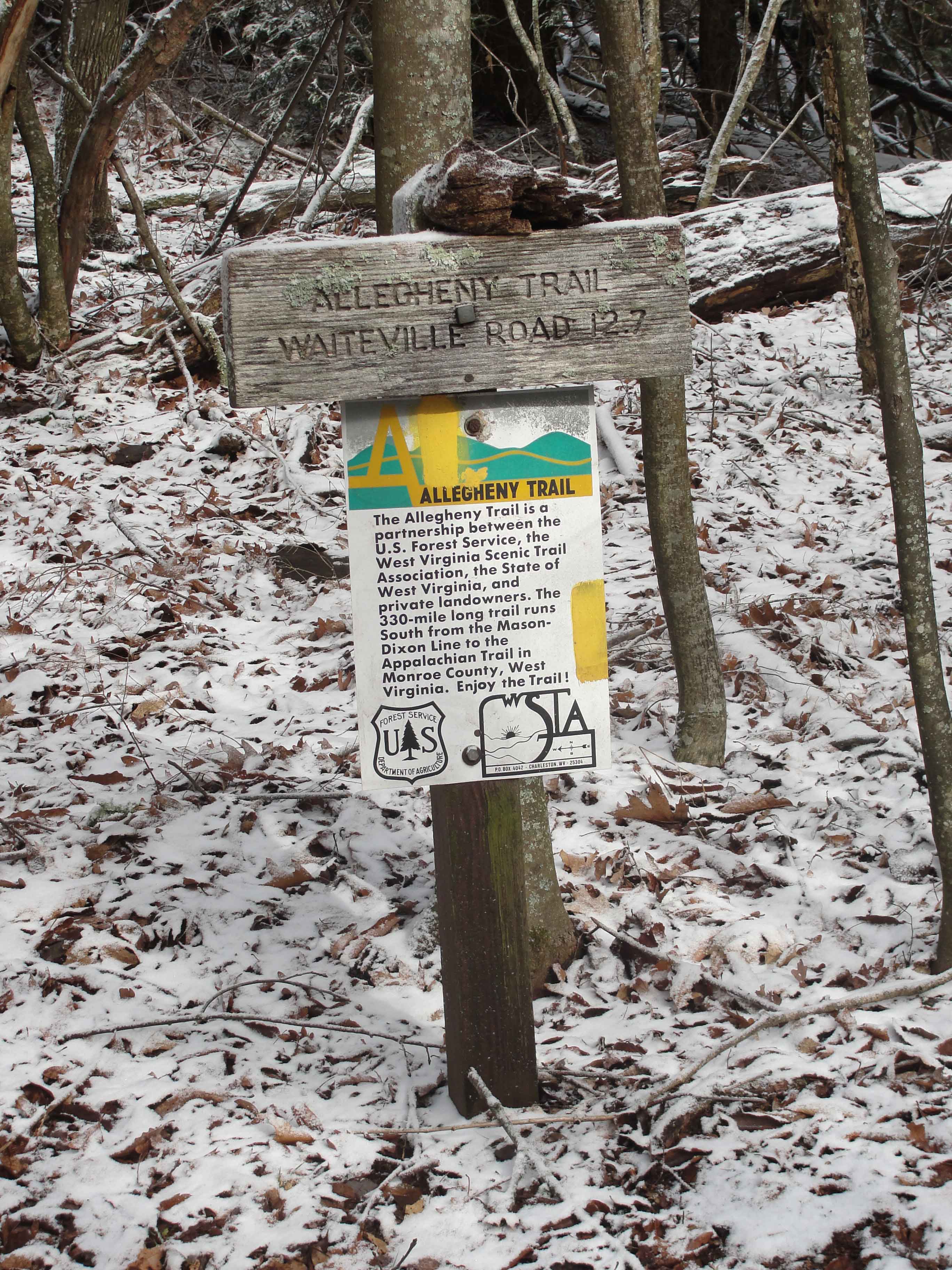 mm 2.8:  The sign at the junction of the AT and the Allegheny Trail.  Courtesy wpruehsner@yahoo.com